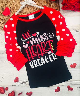 Mia Belle Girls Girls' Blouses Lil - Red & Black Dot "Lil' Miss Heart Breaker" Ruffle Three-Quarter Sleeve Top - Toddler & Girls