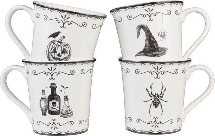 222 Fifth Elegant Haunting 20.29 oz White Porcelain Halloween Coffee Mugs Set-Witch Hat, Jack-o'-Lantern, Potion & Spider-Set of 4
