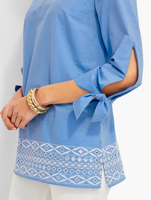 Talbots Tie-Sleeve Embroidered-Eyelet Contrast-Border Tunic