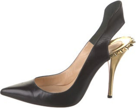 Christian Louboutin Leather Slingback Pumps Black Spike Accents Pointed-Toes Designer