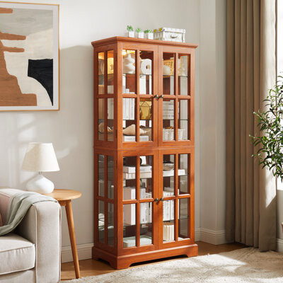 Wovilo Cherry - Hued Glass Cabinet With Adjustable Shelving, Design, And Included E26 Bulb For Interior Decoration Black Showcase Shelves, Elegant Metal Hand