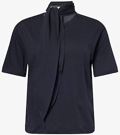 Me And Em Womens Navy Scarf-Neck Classic Cotton-Jersey T-Shirt 8