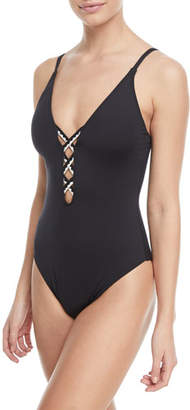 La Blanca Lace-Up Strappy-Back Solid One-Piece Swimsuit