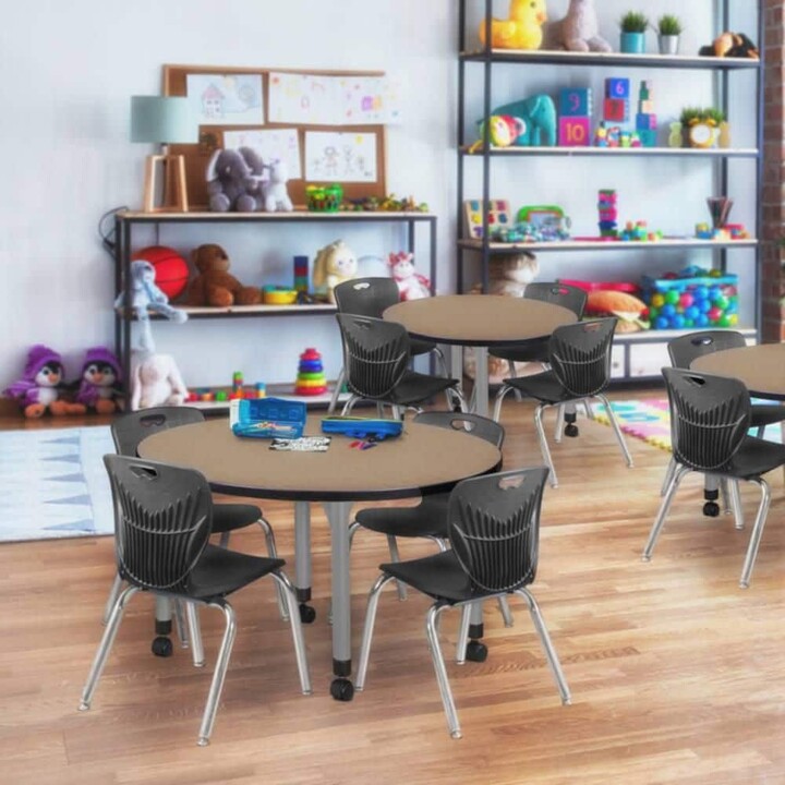 Regency Kee 36 in. Round Noble Oak Mobile Adjustable Classroom Table Desk with Grey Base and 4 Andy 12 in. Black Stack Chairs