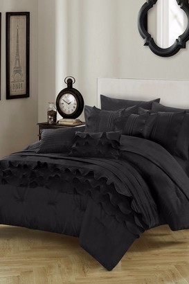 Monroe Ruching Pleated Ruffles Complete Bed in a Bag 10-Piece Comforter Set - Black