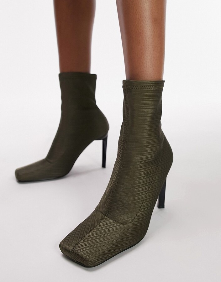 Topshop Tia high heeled sock boots in khaki - ShopStyle