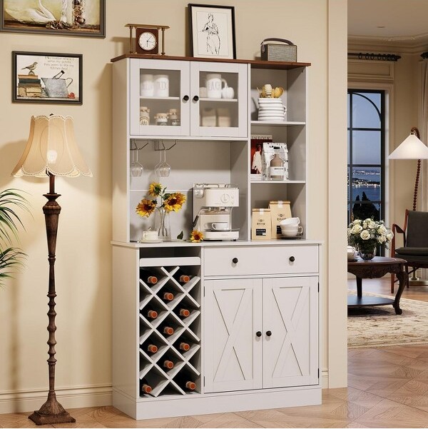 NasitipCoffeeBarCabinetwithExquisiteBarnDoors&WineBottleRackStorageCabinetWhite+LightWalnut