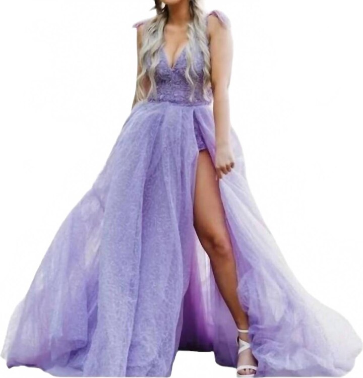 Sherri Hill Feather Shoulder Strap Gown In Lilac