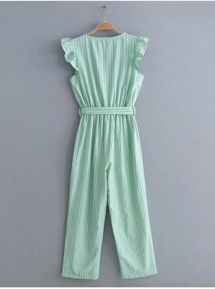 Fs Collection Mint Green Stripe Sleeveless Jumpsuit With V Neckline
