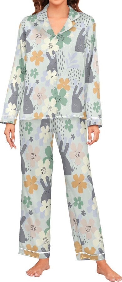 Oarencol Cute Rabbits Flowers Women's Pajama Shorts Easter Bunny