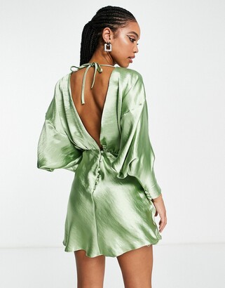 ASOS DESIGN high shine satin backless balloon sleeve mini dress in sage -  ShopStyle