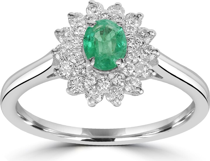 Artisan White / Green 18K White Gold Diamond & Emerald Flower Statement Ring