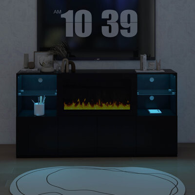 Modern High Gloss Tv Stand With Non-Heating Electric Fireplace, Led Lights & Tempered Glass Shelve