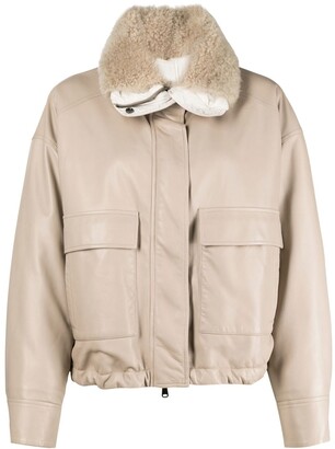Brunello Cucinelli Shearling-Collar Oversized Leather Jacket