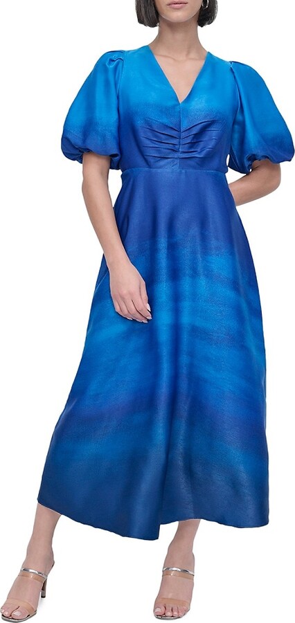 Puff Sleeve Satin Midi-Dress