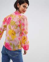 Thumbnail for your product : ASOS Design Blouse with Ruffle High Neck in Bright Pink Retro Floral