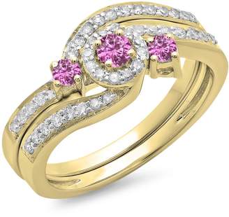 DazzlingRock Collection 0.65 Carat (ctw) 14K Yellow Gold Sapphire & White Diamond Swirl Halo Engagement Ring Set (Size 5)