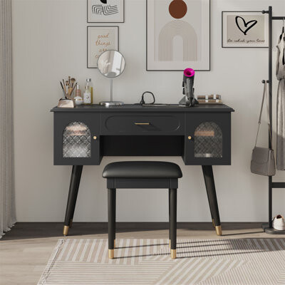 George Oliver Elegant Vanity Makeup Table & Chair Set, Modern Dressing Table With Organizer, Writing Desk, Charging Port