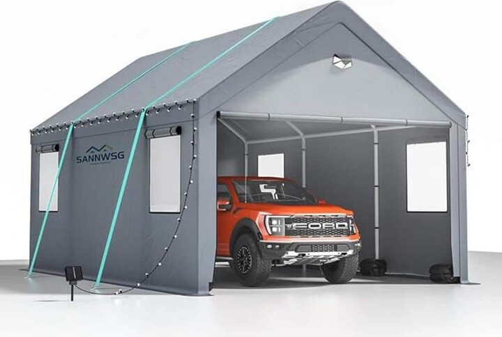 Lycvki 12 ft. x 20' Gray Metal Heavy Duty Portable Garage Carport Canopy with Roll-up Windows, All-Season Tarp Cover Side Walls