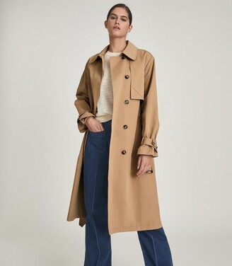 Reiss Sophie - Cotton Blend Longline Trench Coat in Camel