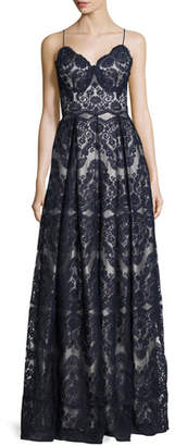 Catherine Deane Sleeveless Pleated Lace Gown, Deep Sea/Silver Gray
