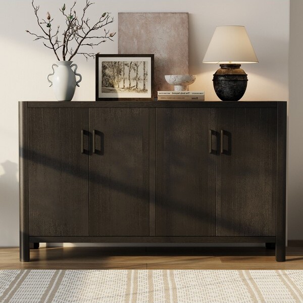 WhisenFarmhouse4-DoorStorageCabinetSideboardwithNaturalFinishSolidPineLegsRefinedMetalHandlesforEntryways-Black