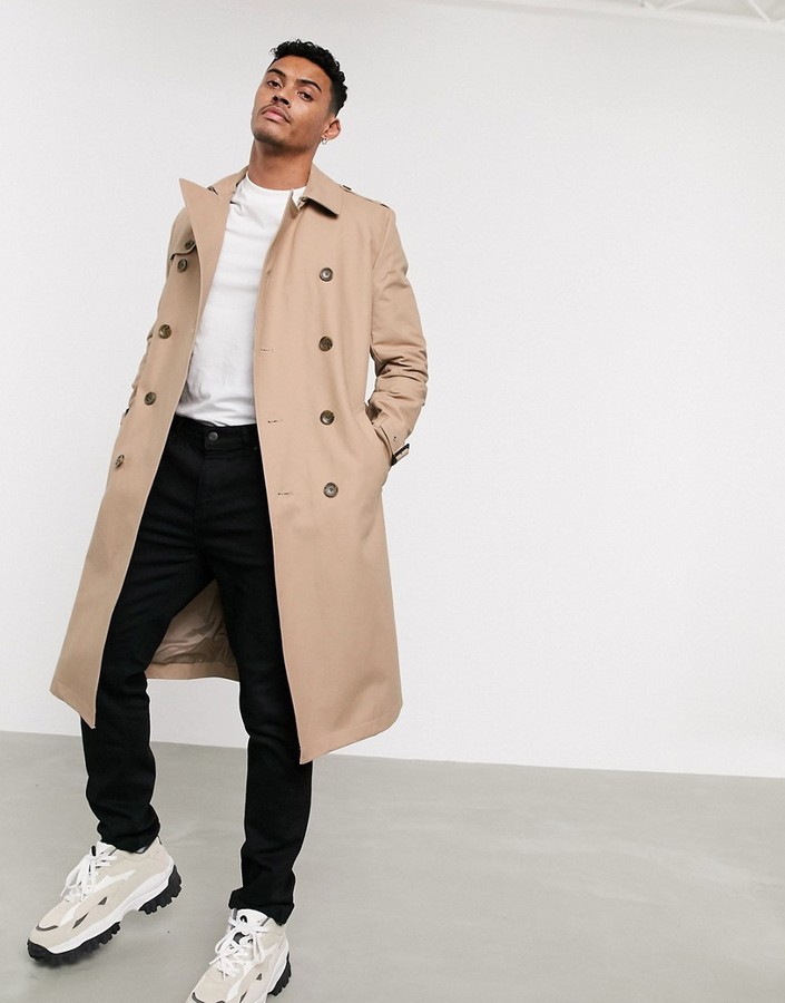 ASOS DESIGN shower resistant longline trench coat with belt in stone -  ShopStyle