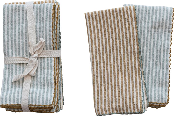 Storied Home Square Cotton Napkins with Scalloped Edge and Stripes, Set of 4, 2 Colors