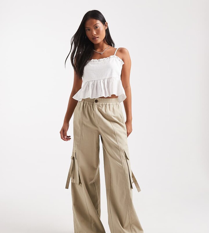 ASOS Petite ASOS DESIGN Petite oversized utility pull on pants in washed camel