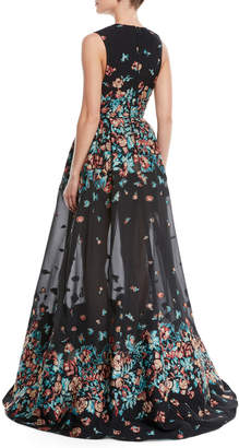 Elie Saab Deep-V Sleeveless Floral-Jacquard Fil Coupe Evening Gown
