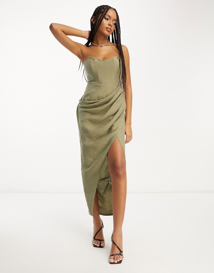 ASOS DESIGN drape midi dress with wrap skirt in textured fabric in green