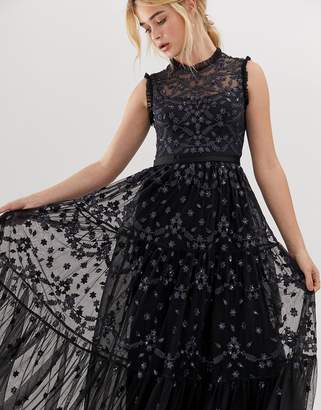 Needle & Thread embroidered lace maxi gown with high neck in graphite