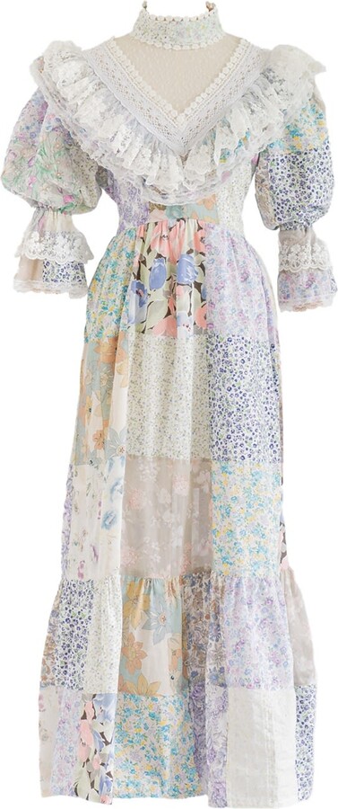 Sugar Cream Vintage Re-Design Upcycled Cotton Balloon Sleeved Floral Maxi Dress