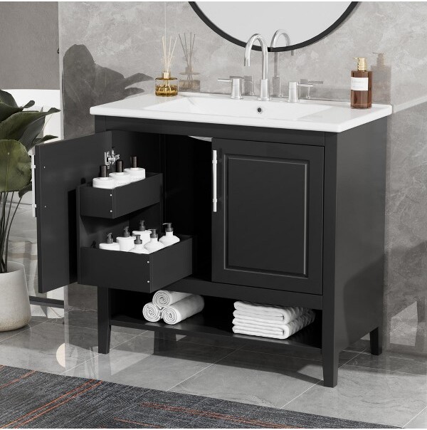ModernLuxe 36"WBathroomVanitywithSink,Multi-FunctionalBathroomCabinetwithStorageRack,OpenStorageShelfandDrawerwithSlides,Black