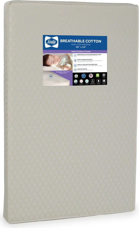 Sealy Baby Sealy Breathable Cotton 38x24 Inch Mini Crib Mattress and Toddler Mini Pad, Waterproof, GREENGUARD Certified