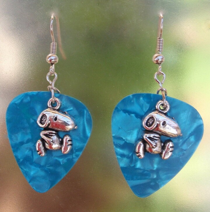 Dog Guitar Pick Earrings, Silver Puppy Dangle Jewelry, Choice 12 Colors, Pierced Or Clip On, Light Weight Usa