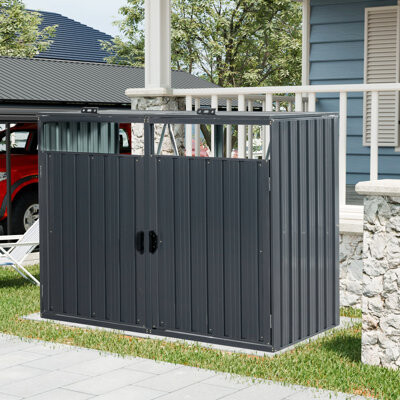 HOA.WWC Metal Outdoor Garbage Bin Shed for 2 Trash Cans Black Stainless Galvanized Steel