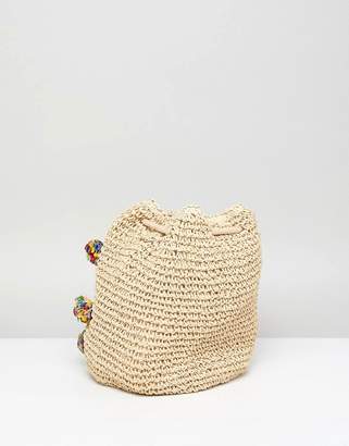 Pull&Bear Pom Pom Woven Bag In Cream