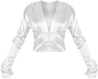 PrettyLittleThing White Satin Plunge Button Detail Shirt