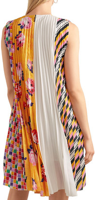 MSGM Paneled Pleated Printed Crepe Mini Dress