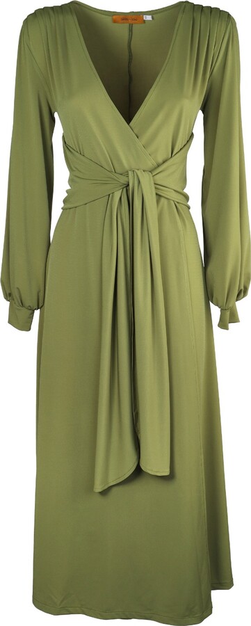 See Iou - Green Wrap V-Neck Midi Dress Nice - ShopStyle
