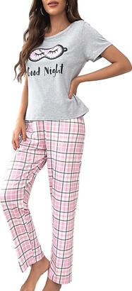 GORGLITTER Women's 2 Piece Plaid Pajamas Set Crop Tee and Long