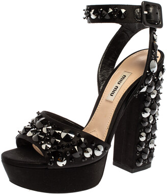 Miu Miu Black Satin Embellished Platform Ankle Strap Sandals Size 36.5 -  ShopStyle
