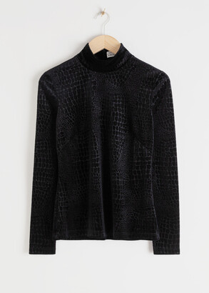 And other stories Croco Print Velour Turtleneck Top