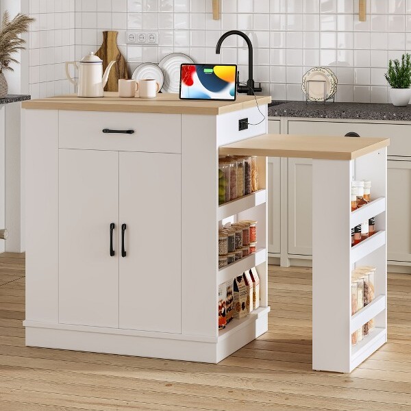 GDFStudioSeleneWoodenExtendableKitchenIslandTablewithDrawers,Double-DoorCabinetandOpenShelves,White
