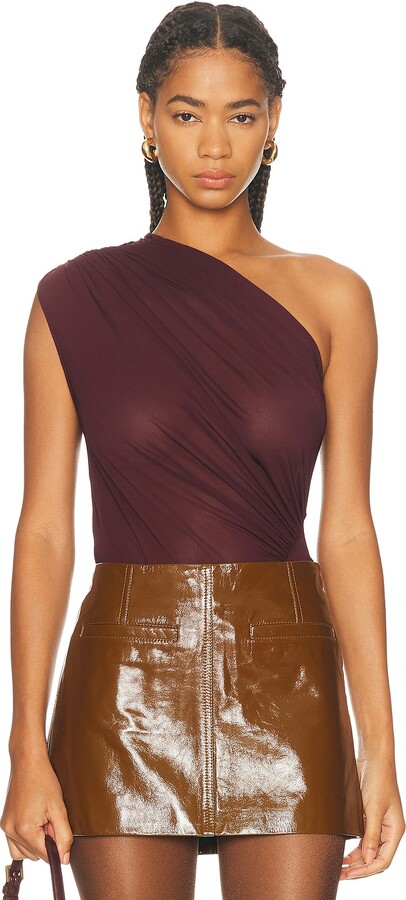 ATLEIN Asymmetric Draped Bodysuit in Burgundy