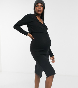 ASOS DESIGN DESIGN Maternity super soft long sleeve overlay midi dress in black