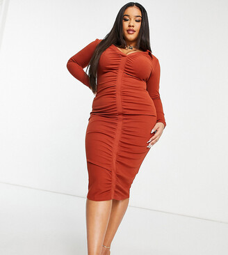 ASOS Curve DESIGN Curve shirt ruched front midi dress in rust