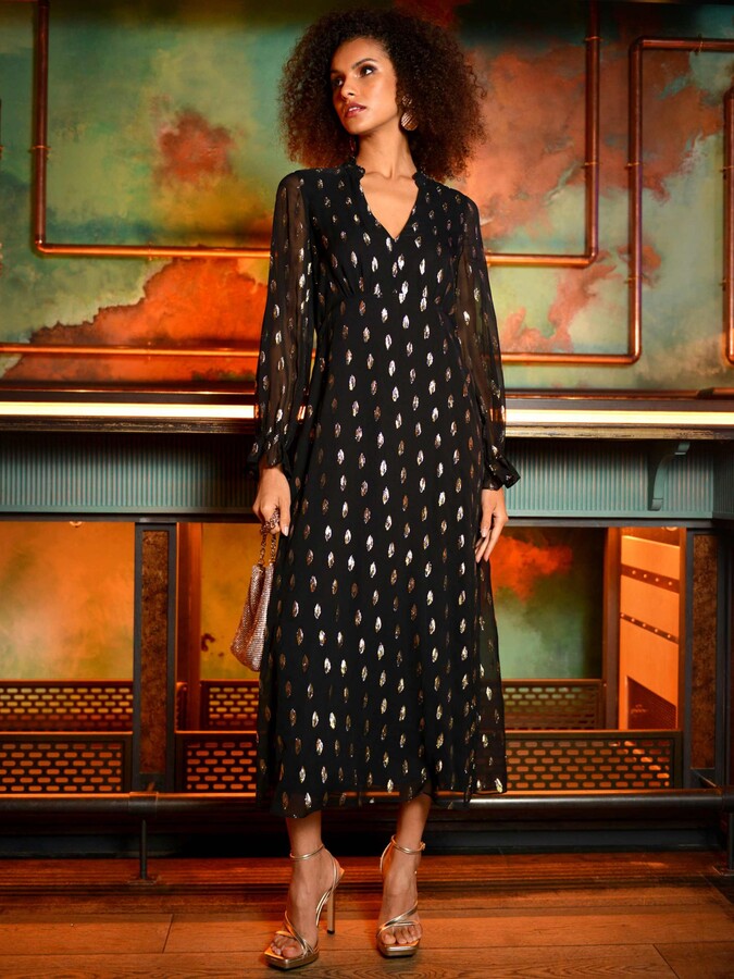 Ro&Zo Metallic Foil Frill Neck Midi Dress ShopStyle