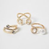 Thumbnail for your product : River Island Womens Gold tone diamante and peal ring pack